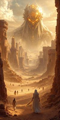 The primary subject of the image is a large, monster-like creature with a long neck and horns, towering over a group of people. The setting is a desert landscape with a rocky terrain, and the visual style appears to be a digital art or illustration. The dominant colors in the image are orange and brown, creating a warm and arid atmosphere. The people in the scene are scattered throughout the landscape, with some closer to the monster and others further away, possibly trying to escape or interact with the creature.